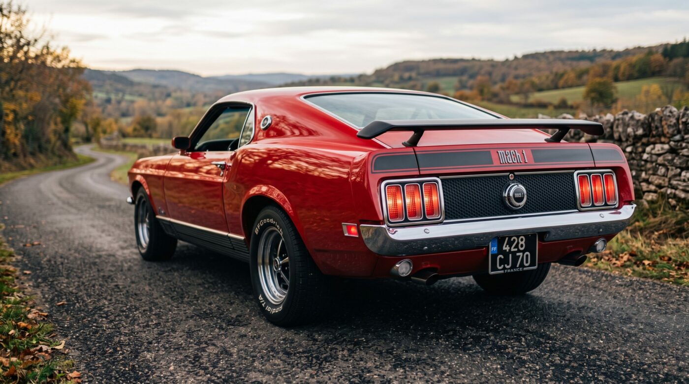 Ford Mustang Mach 1 rouge vue de trois quarts arrière, soulignant les feux caractéristiques et le becquet.