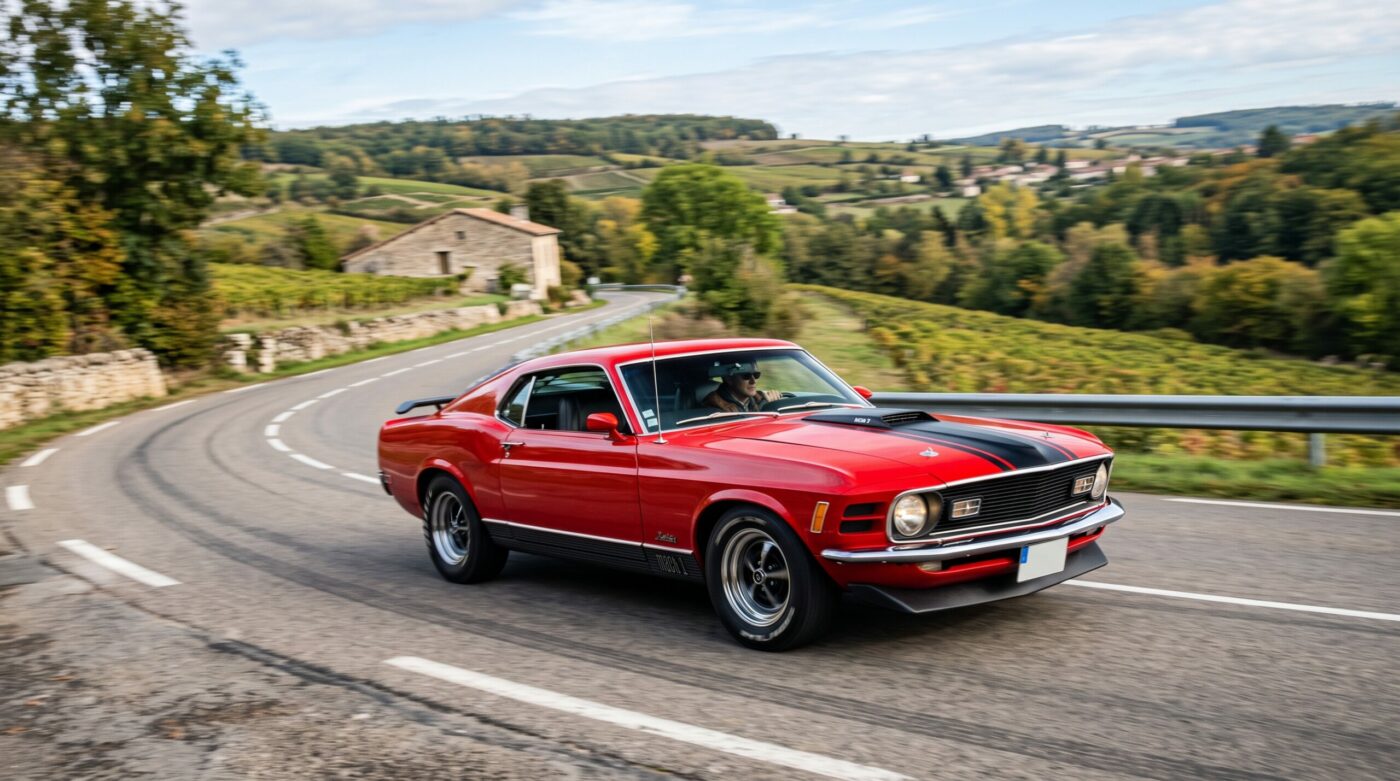 Ford Mustang Mach 1 rouge en pleine action lors d'un essai routier sur une route sinueuse.