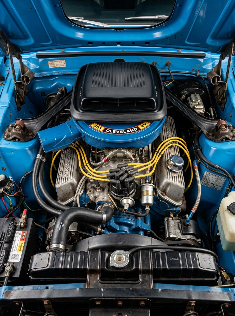 Vue détaillée du compartiment moteur d'une Ford Mustang Mach 1, montrant le V8 dans son état d'origine.
