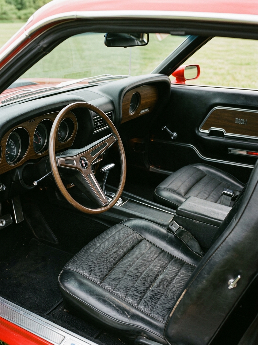 Habitacle soigné d'une Ford Mustang Mach 1 avec ses compteurs d'époque et sièges d'origine.