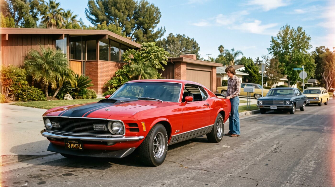 Illustration historique d'une Ford Mustang Mach 1 rouge dans un décor rappelant les années 70.