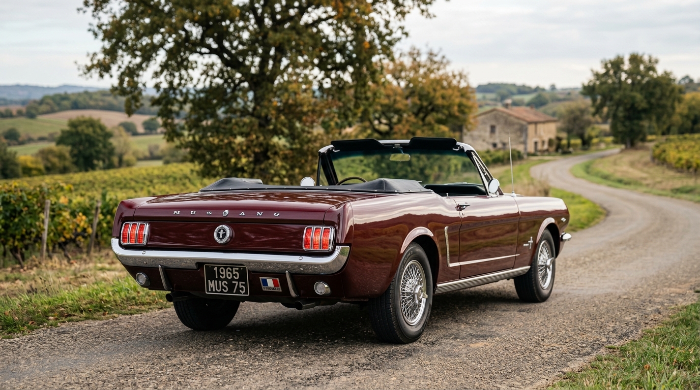 Vue de trois quarts arrière d'une Ford Mustang Cabriolet rouge bordeaux illustrant son design classique.