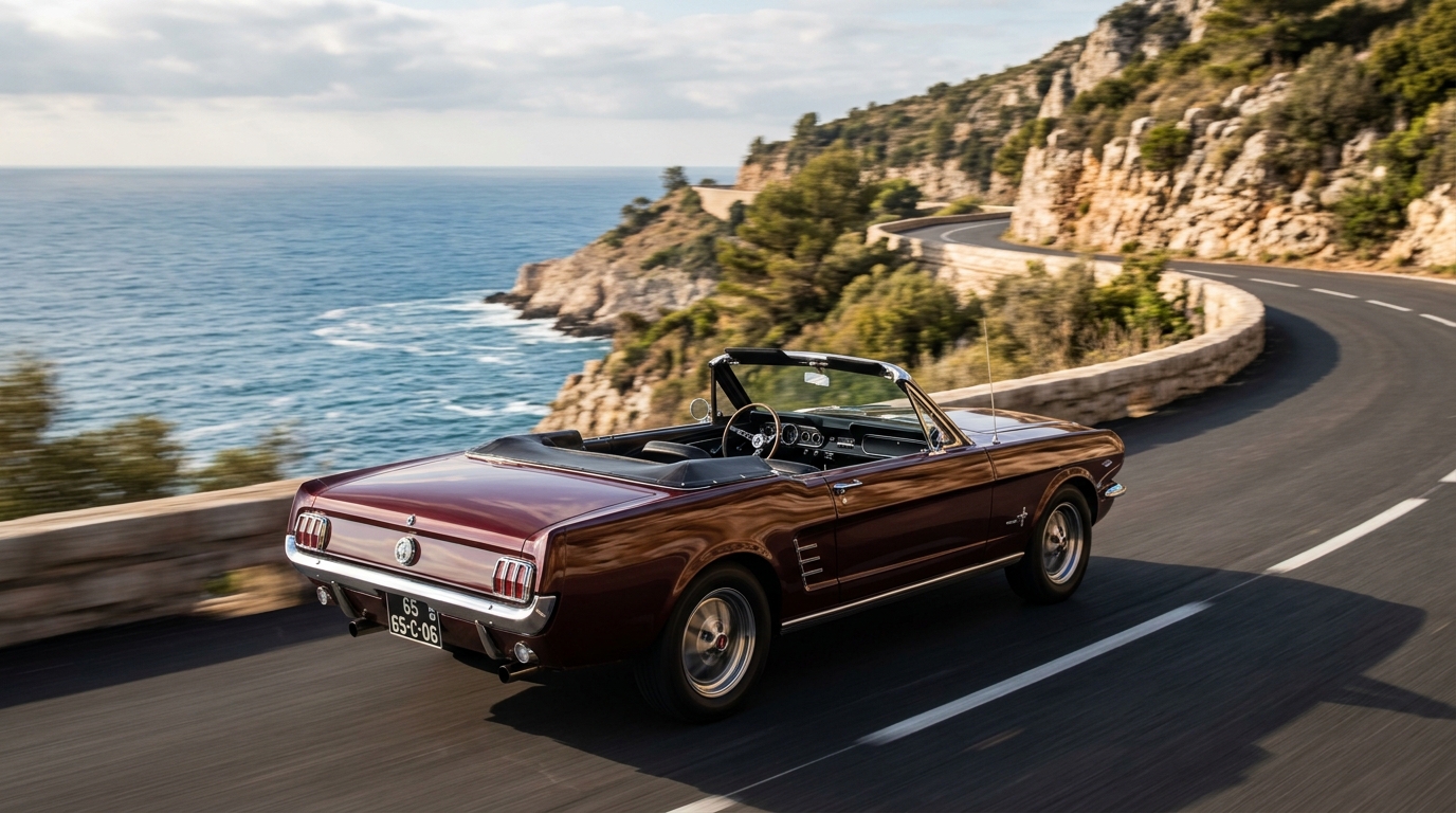 Ford Mustang Cabriolet rouge bordeaux en pleine conduite sur une route côtière pour un essai routier.