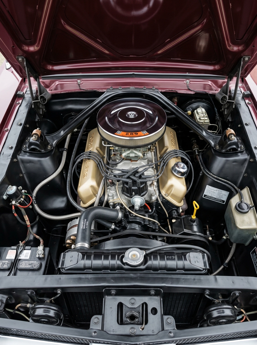 Gros plan sur le compartiment moteur propre et restauré d'une Ford Mustang de 1965.