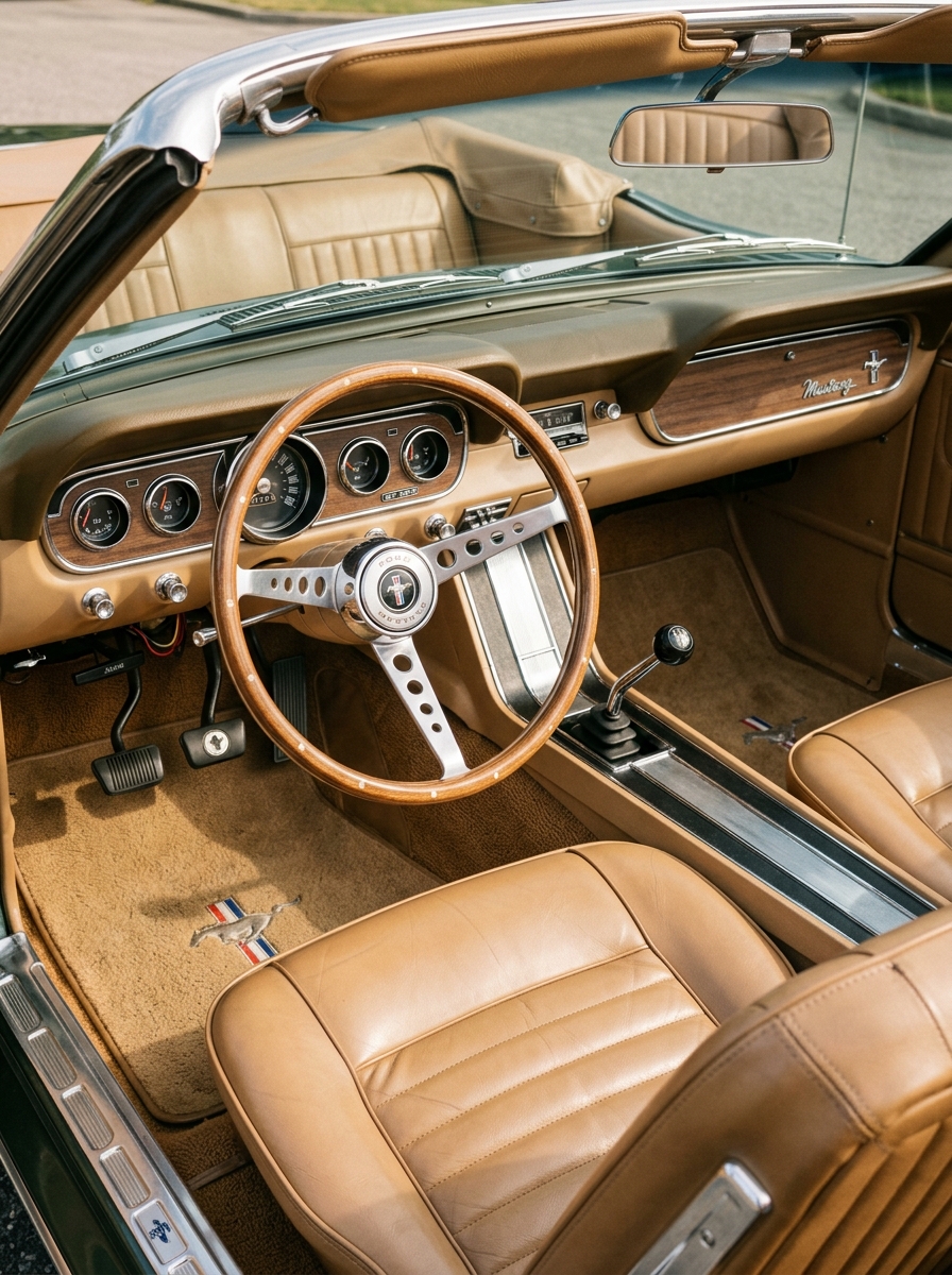 Intérieur luxueux et parfaitement conservé d'une Ford Mustang Cabriolet avec sellerie en cuir.
