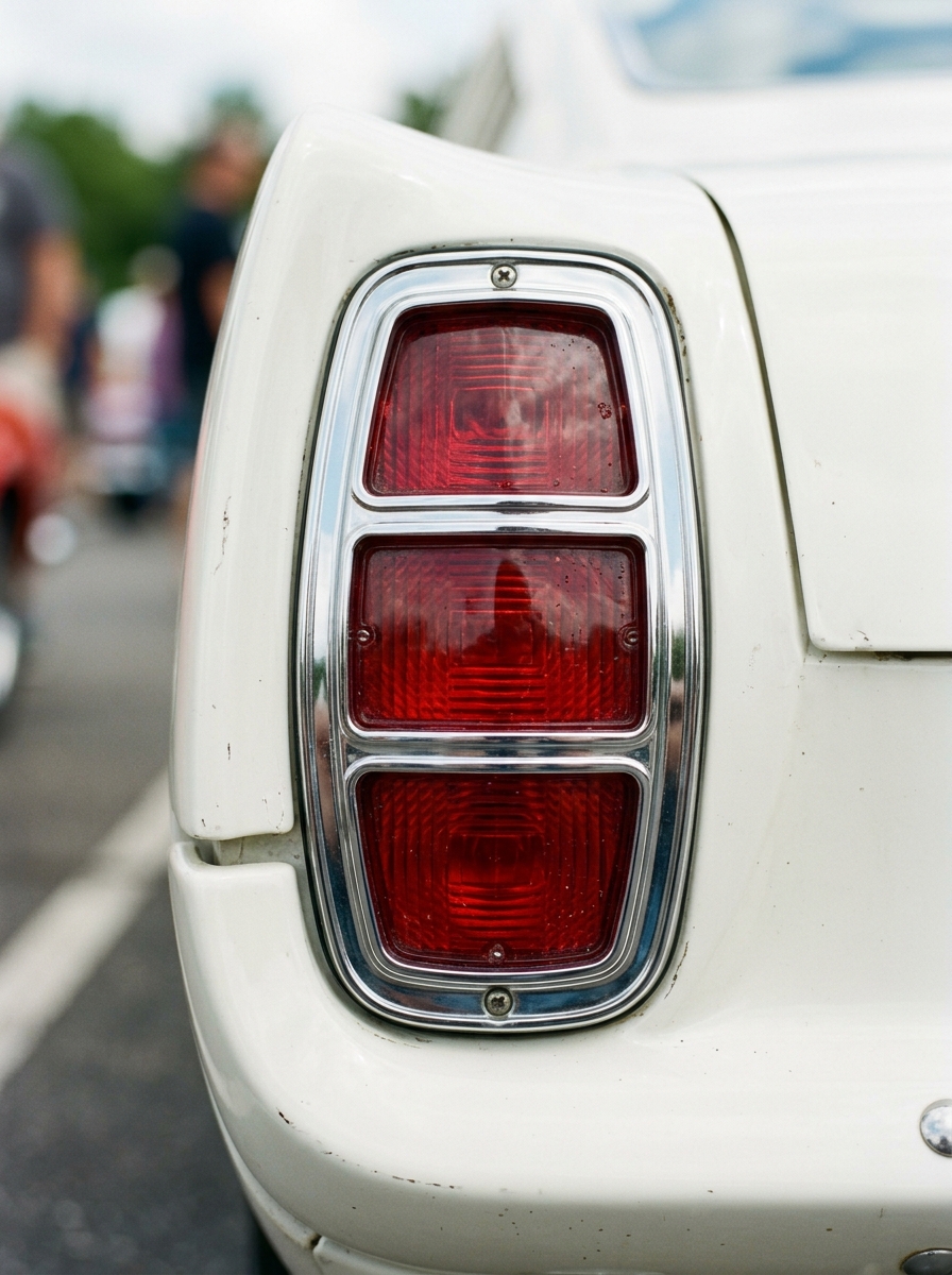 Détail du feu arrière iconique d'une Ford Mustang de 1965 avec ses optiques caractéristiques.