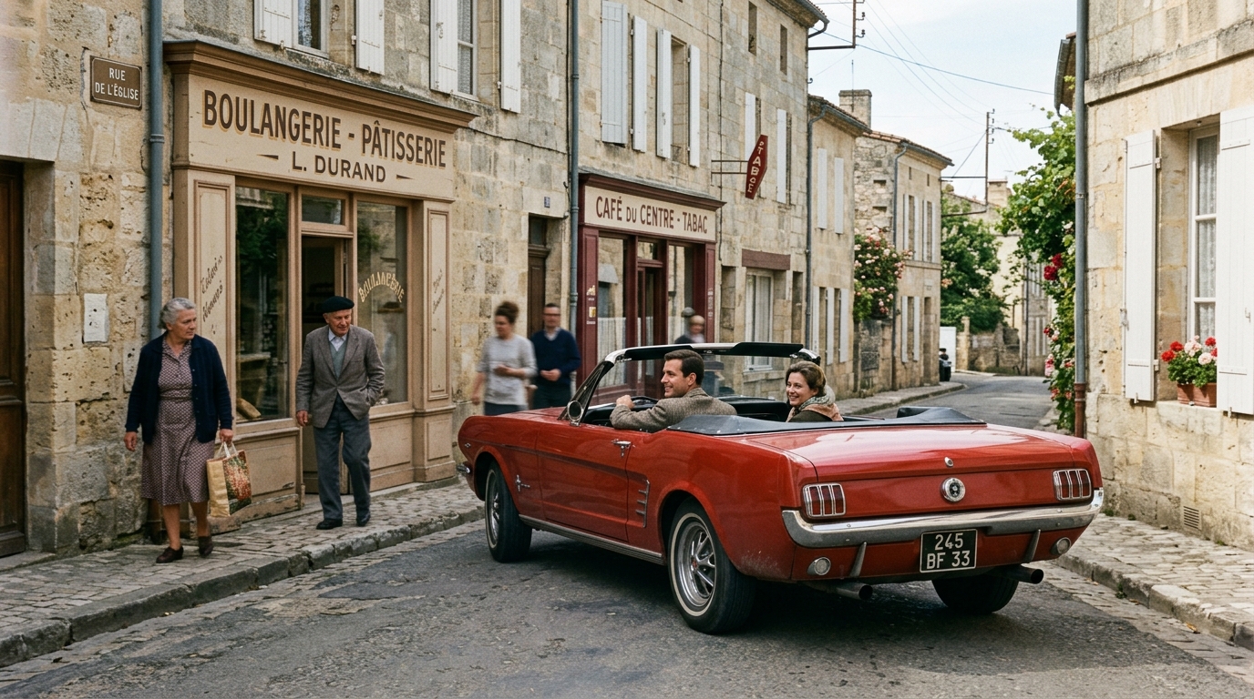 Illustration historique d'une Ford Mustang Cabriolet rouge bordeaux circulant dans un village français.