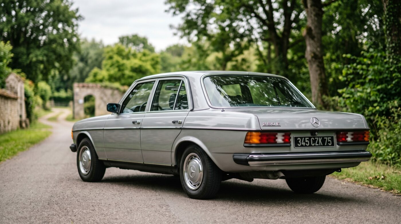Vue de trois quarts arrière d'une Mercedes W123 grise mettant en avant ses lignes classiques.