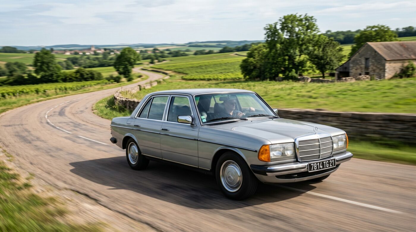 Mercedes W123 grise en plein essai routier sur une route de campagne française.
