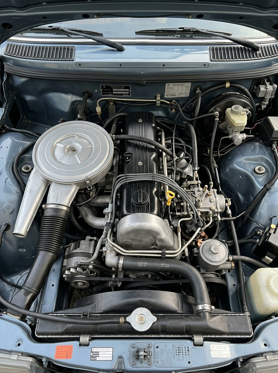 Compartiment moteur propre d'une Mercedes W123 de collection.
