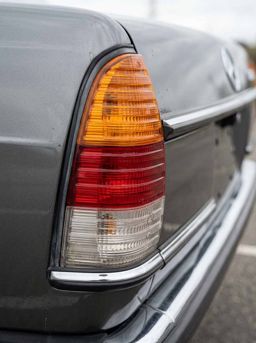 Gros plan sur le feu arrière strié caractéristique de la Mercedes W123.