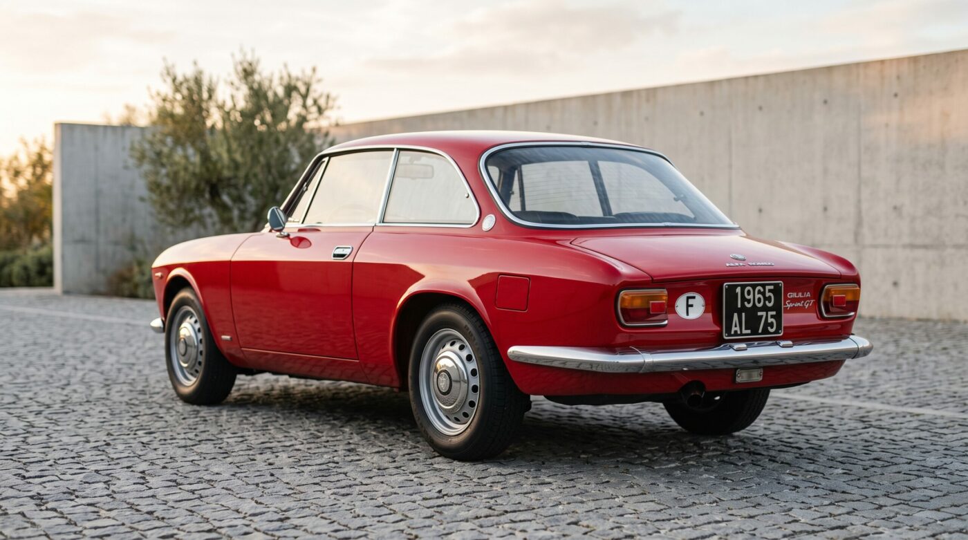Vue de trois quarts arrière soulignant les lignes élégantes du coupé Alfa Romeo Bertone de couleur rouge.