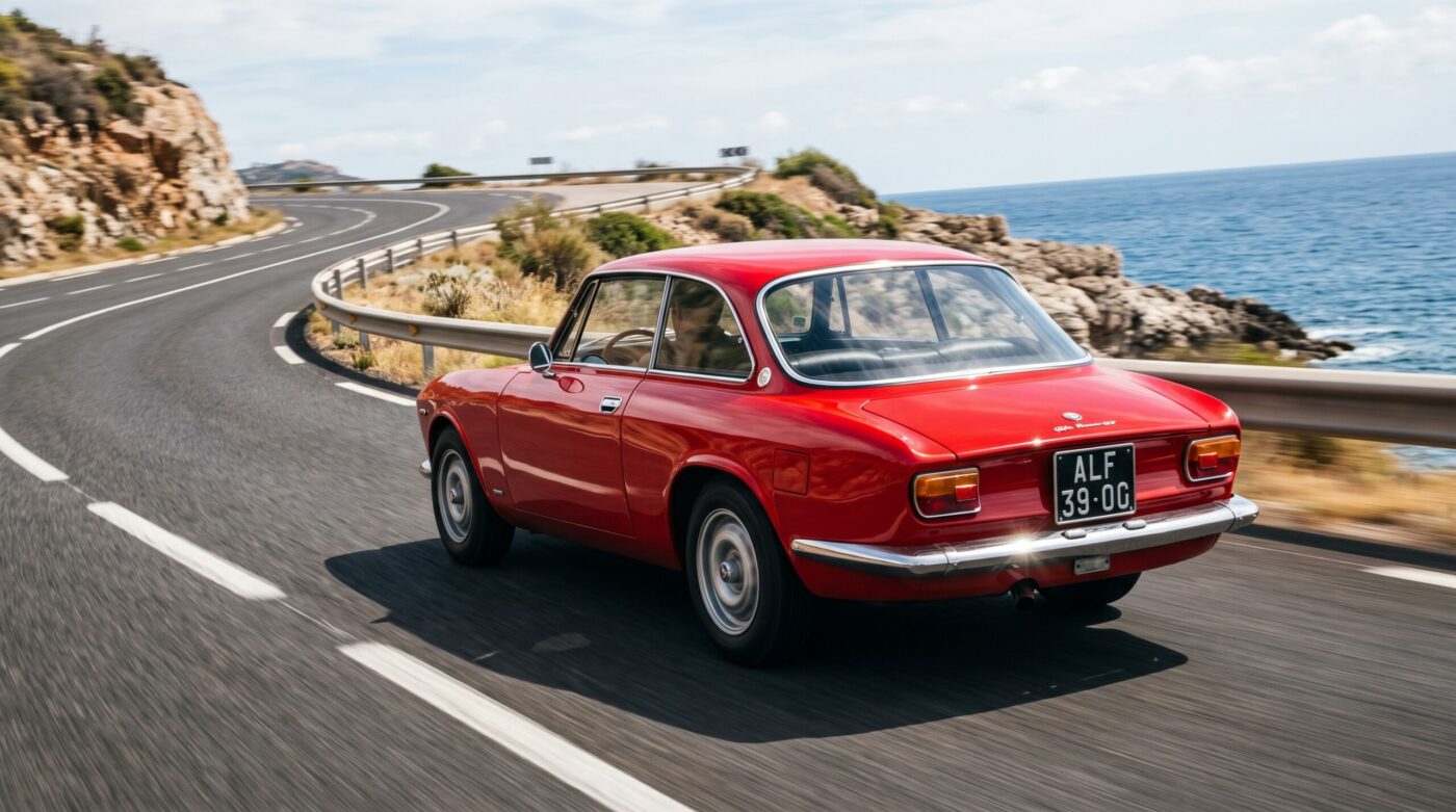 Essai routier d'un coupé Alfa Romeo Bertone rouge sur une route côtière sinueuse par une journée ensoleillée.