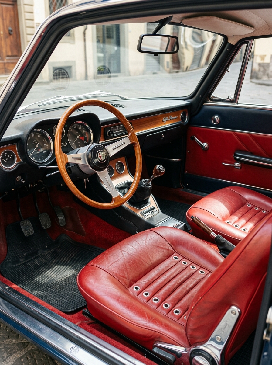 Habitacle intérieur d'une Alfa Romeo Bertone avec volant en bois et compteurs d'époque.
