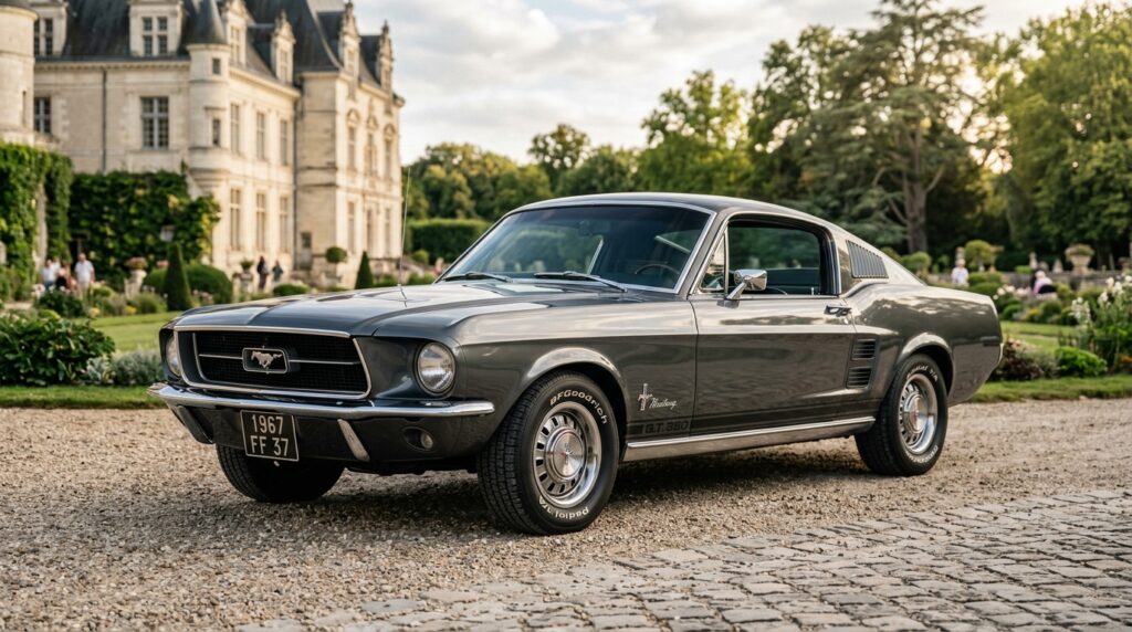 Ford Mustang Fastback grise vue de trois quarts avant, garée dans un décor élégant et lumineux.