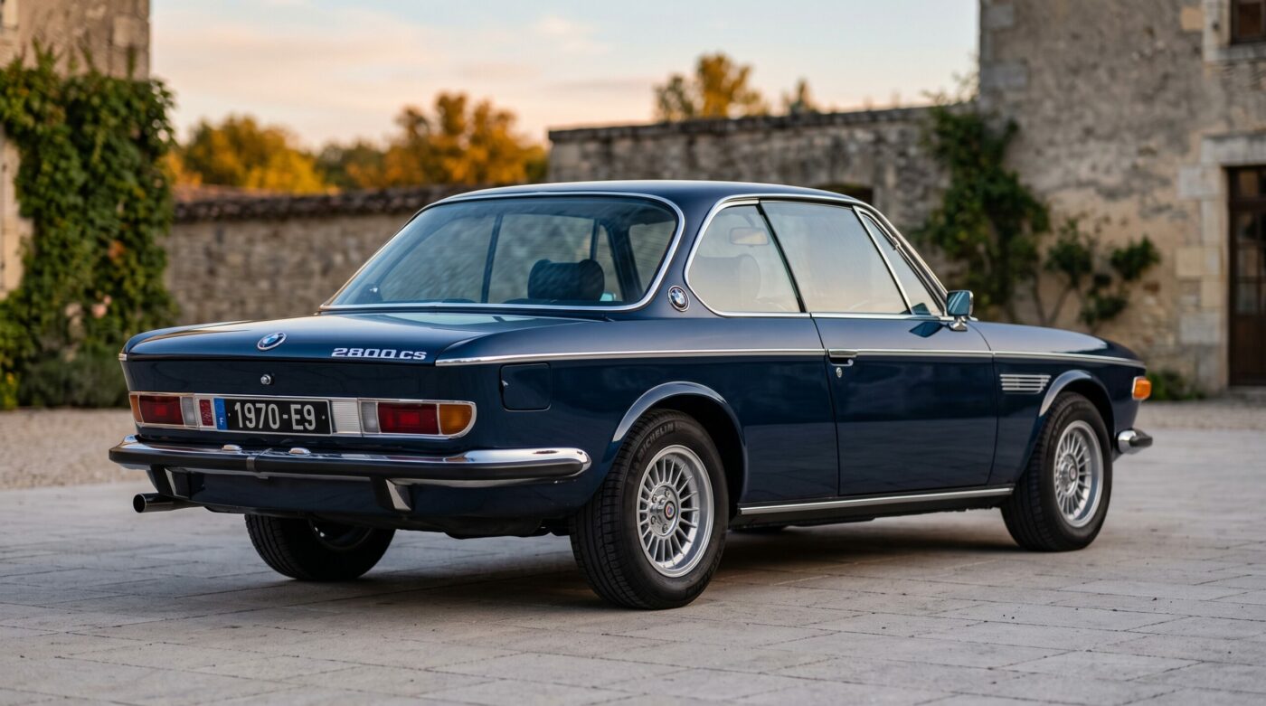 Vue arrière de trois quarts d'une BMW E9 Coupé bleue, soulignant la finesse de sa silhouette et ses finitions chromées.