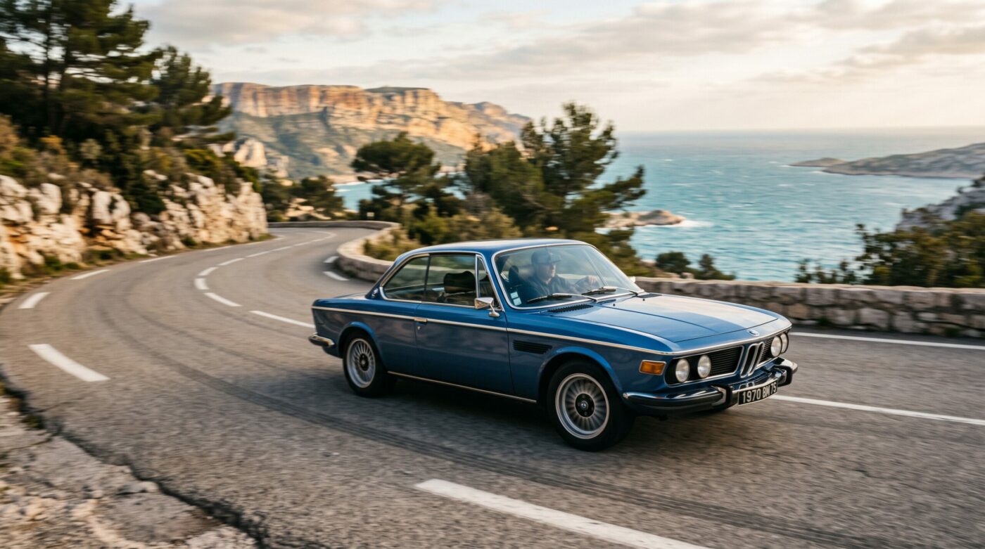 BMW E9 Coupé bleue en mouvement sur une route côtière française, illustrant le plaisir de conduite de ce modèle classique.
