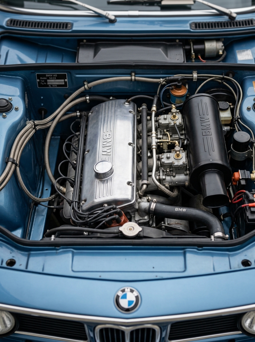 Vue détaillée du moteur six cylindres en ligne d'une BMW E9 Coupé, parfaitement entretenu dans son compartiment moteur d'origine.