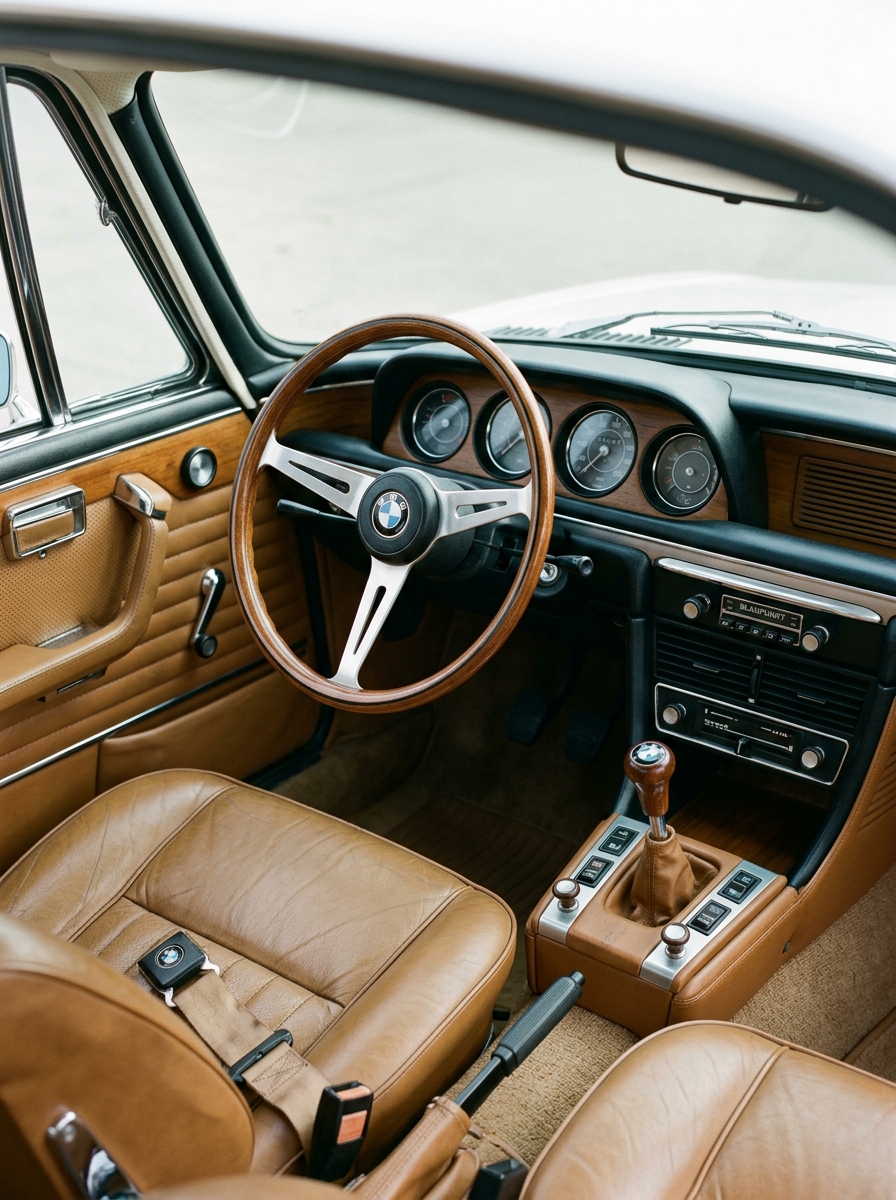 Intérieur raffiné d'une BMW E9 Coupé avec son tableau de bord en bois, son volant d'époque et sa sellerie en cuir élégante.