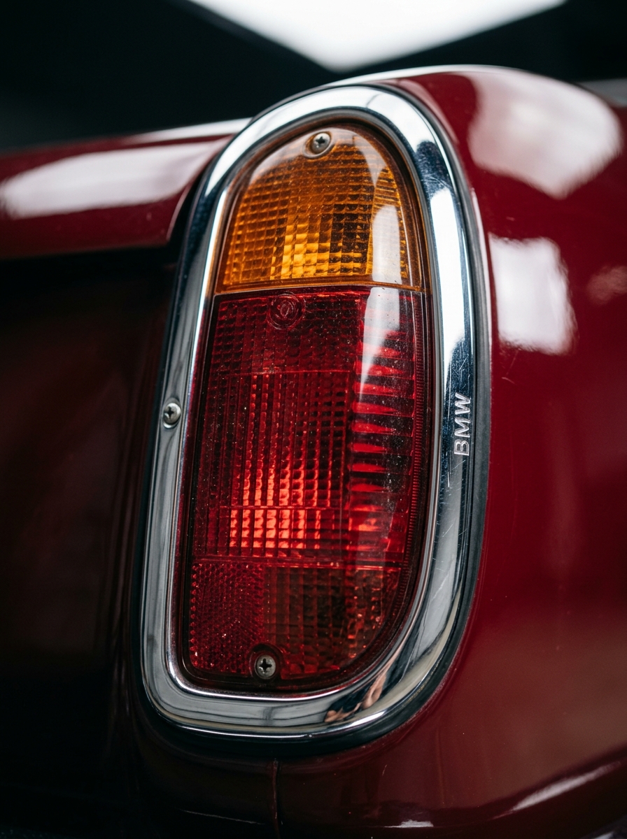 Gros plan sur le feu arrière chromé d'une BMW E9 Coupé, mettant en évidence la qualité de conception des optiques de l'époque.