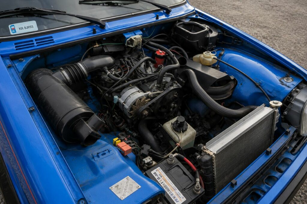 Compartiment moteur d’une Renault 5 Alpine Turbo équipé du quatre cylindres Cléon-Fonte de 1 397 cm³ et de son turbocompresseur, avec les principaux éléments mécaniques visibles.