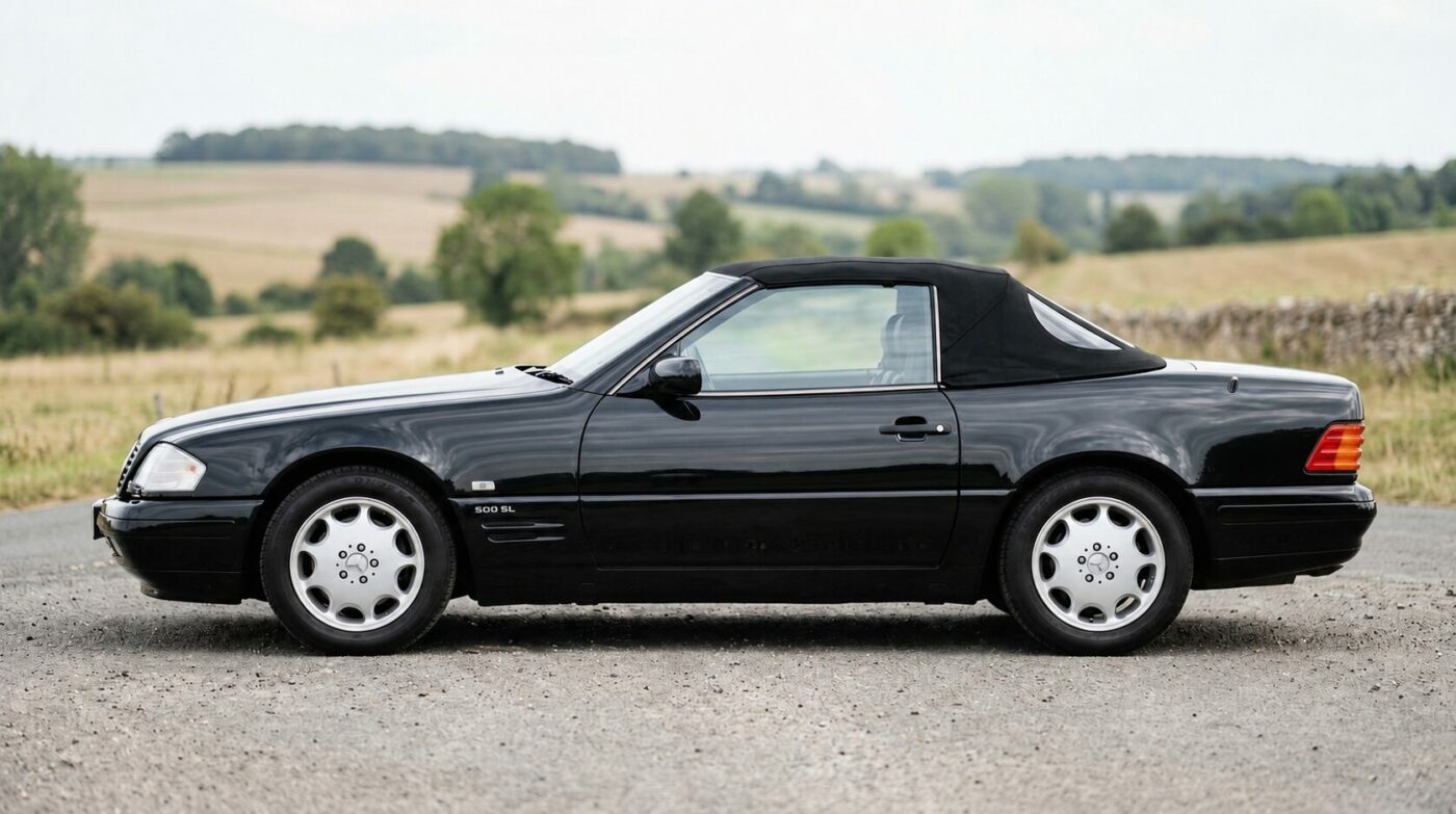 Vue de profil d'une Mercedes-Benz SL R129 noire soulignant ses lignes intemporelles.