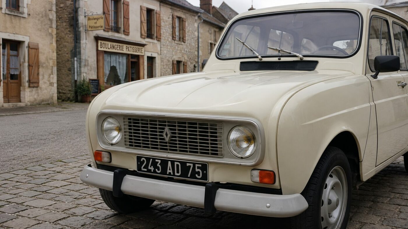 Détail historique sur une Renault 4L crème mettant en avant ses caractéristiques d'origine.