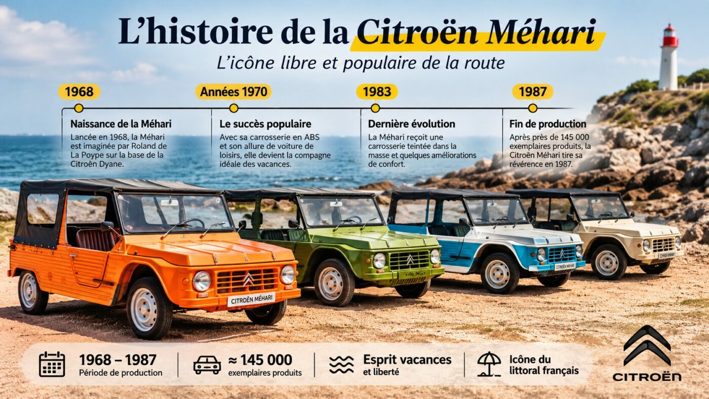Détails historiques et emblèmes de la Citroën Méhari blanche, voiture iconique des années 70.