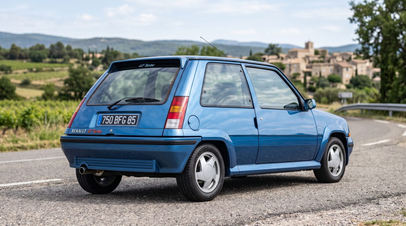Vue de trois quarts arrière d'une Renault 5 GT Turbo bleue 1985, mettant en avant le becquet arrière et le design iconique.