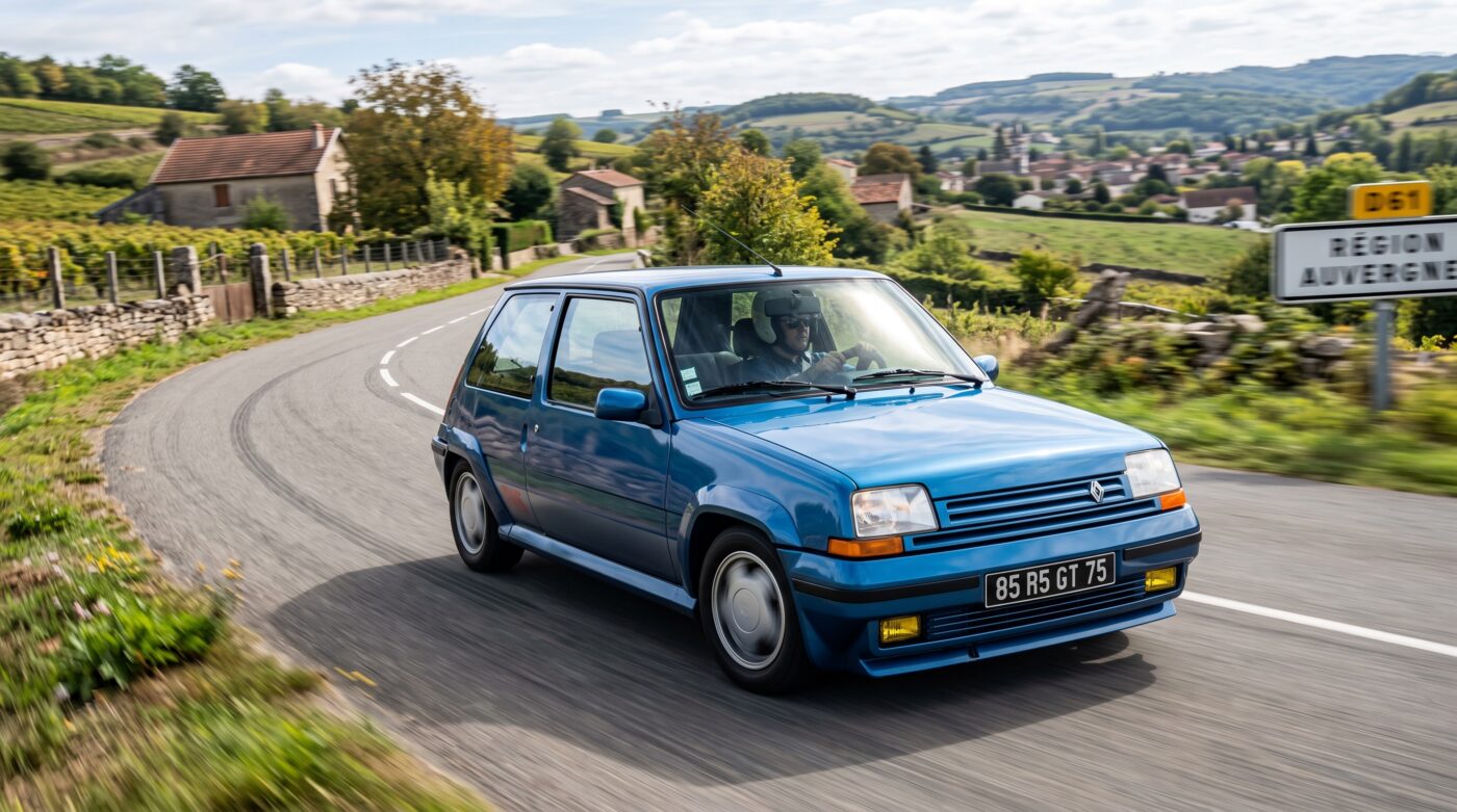 Essai routier d'une Renault 5 GT Turbo bleue sur une route de campagne, capturant le dynamisme du modèle classique.