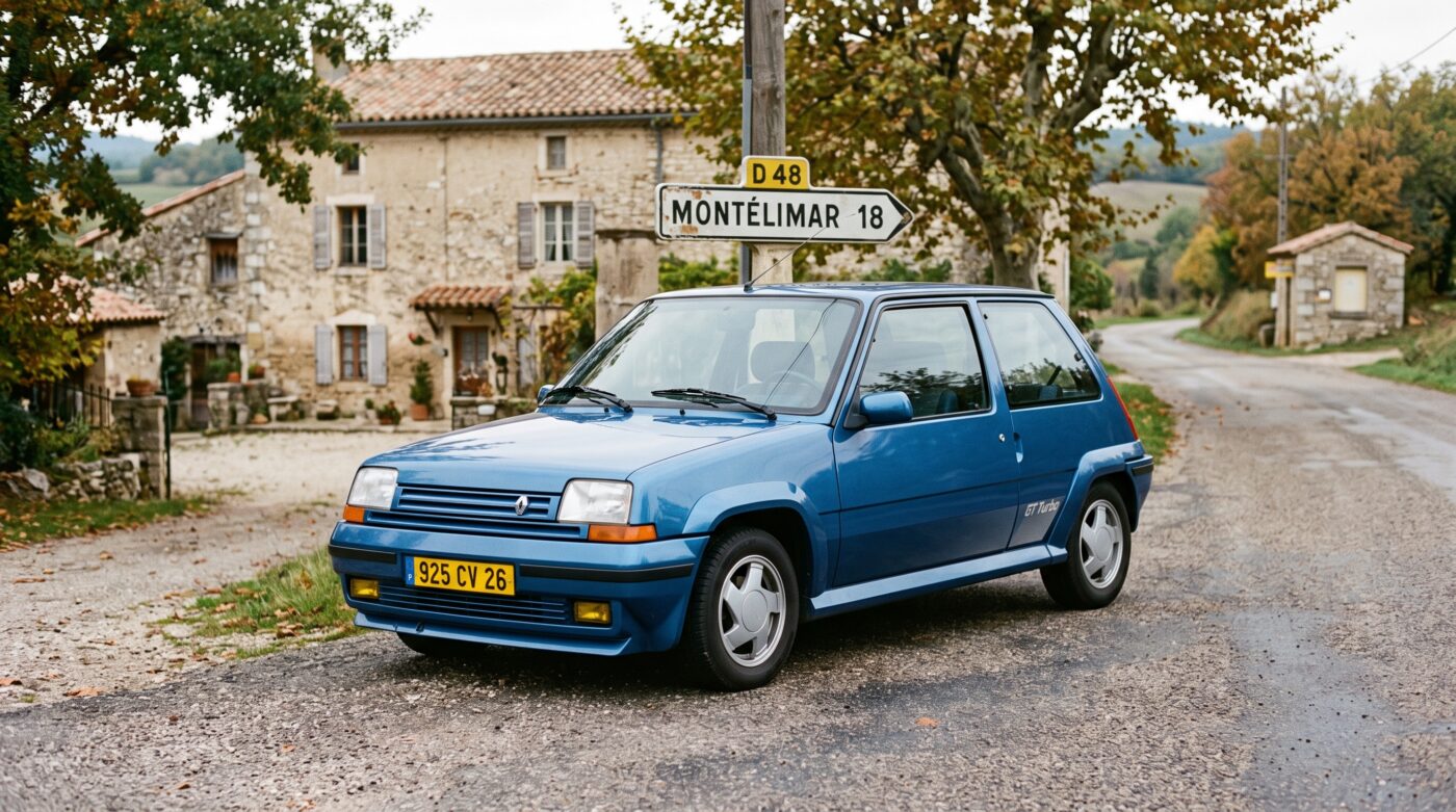 Mise en scène historique d'une Renault 5 GT Turbo bleue illustrant son héritage dans le youngtimers.
