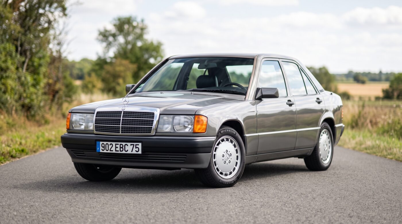 Vue de trois quarts avant d'une Mercedes 190 E W201 grise, millésime classique en parfait état de conservation.