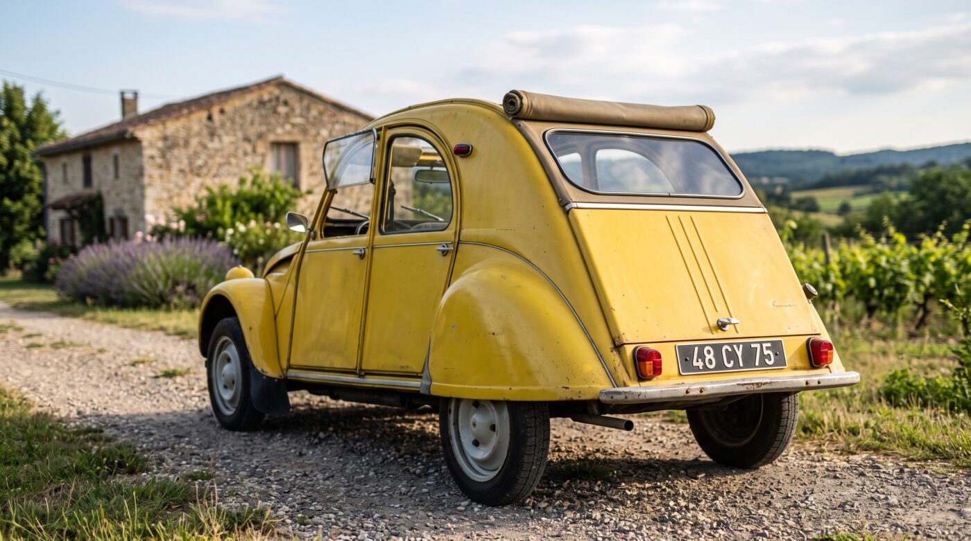 Vue arrière de trois quarts d'une Citroën 2CV jaune, mettant en valeur la silhouette emblématique et les détails de carrosserie d'origine.