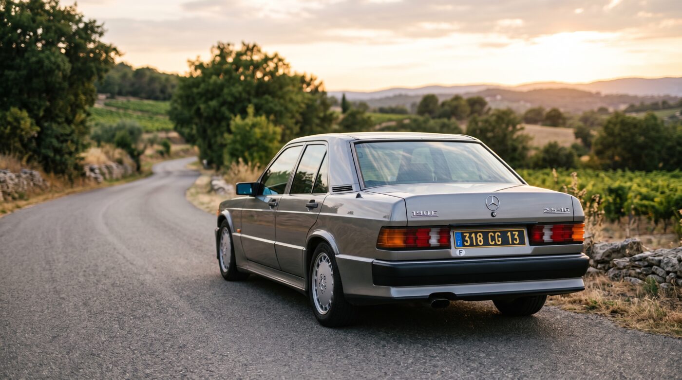 Vue de trois quarts arrière d'une Mercedes 190 E W201 grise, illustrant le design arrière iconique de la berline.