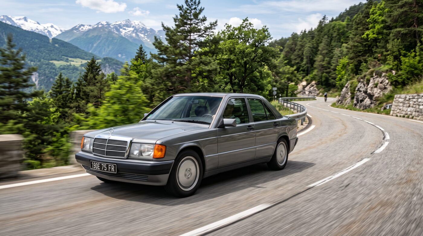 Mercedes 190 E W201 grise en plein essai routier sur une route de campagne, capturée en mouvement dynamique.