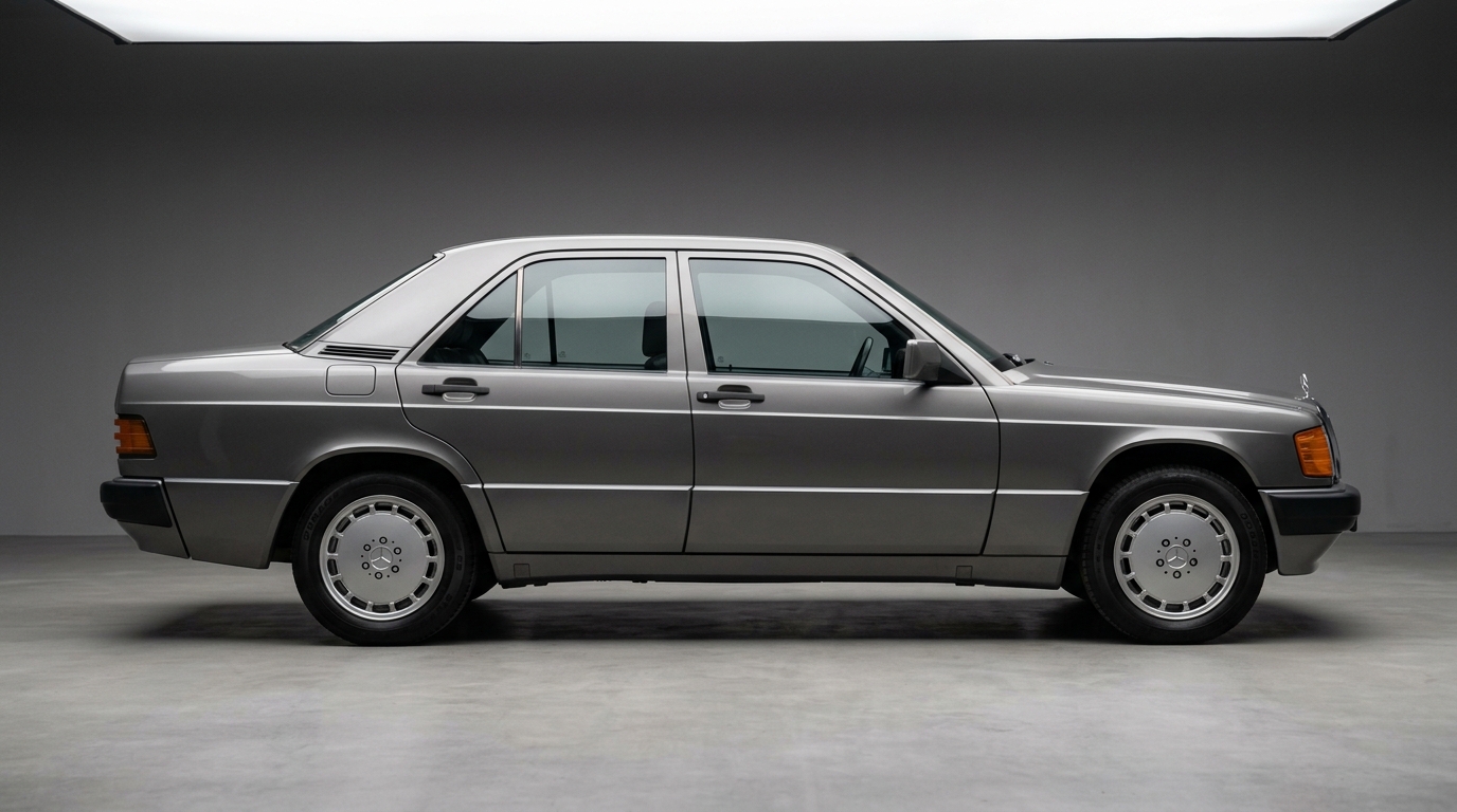 Profil latéral d'une Mercedes 190 E W201 grise mettant en valeur la silhouette intemporelle de la berline W201.
