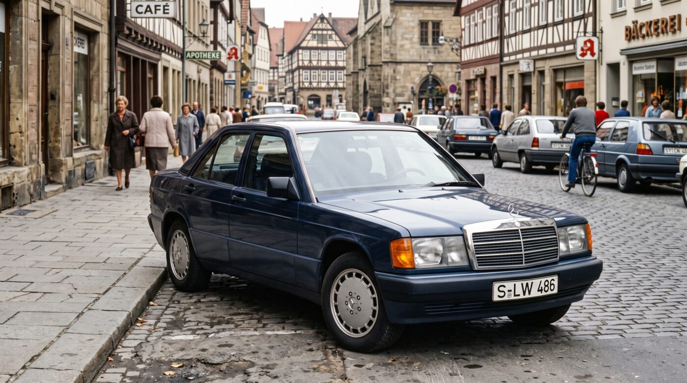 Gros plan sur les jantes en alliage d'origine d'une Mercedes 190 E W201, symbole du design Mercedes des années 80.