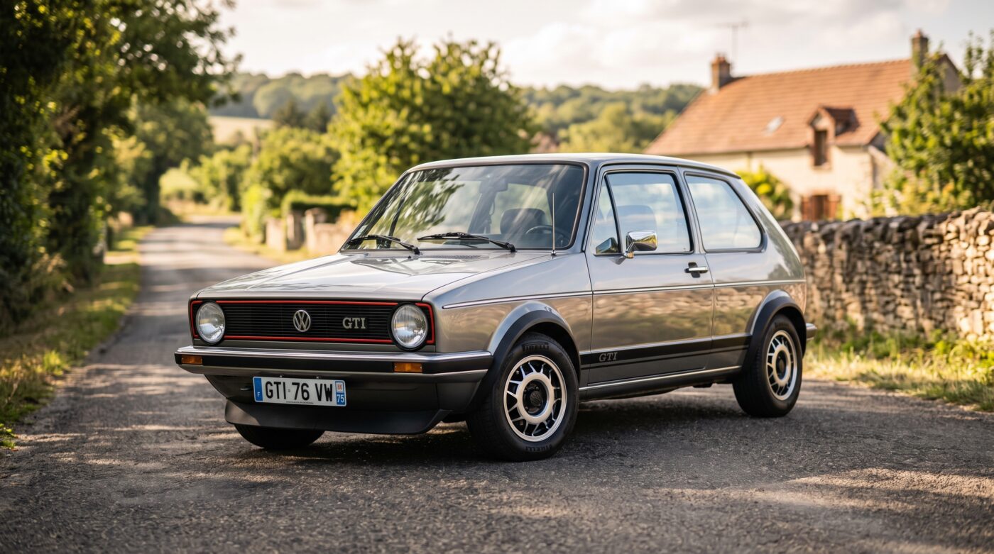 Volkswagen Golf GTI Mk1 : vue avant Volkswagen Golf GTI Mk1 grise vue de trois quarts avant, photographiée dans un style de magazine automobile classique.