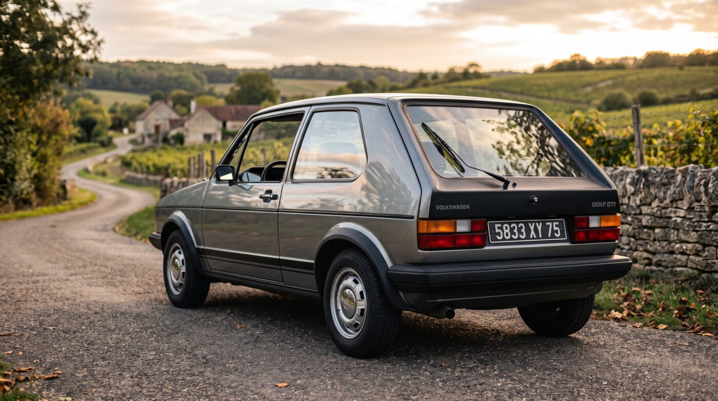 Volkswagen Golf GTI Mk1 : vue arrière Volkswagen Golf GTI Mk1 grise vue de trois quarts arrière sur une route goudronnée en parfait état.