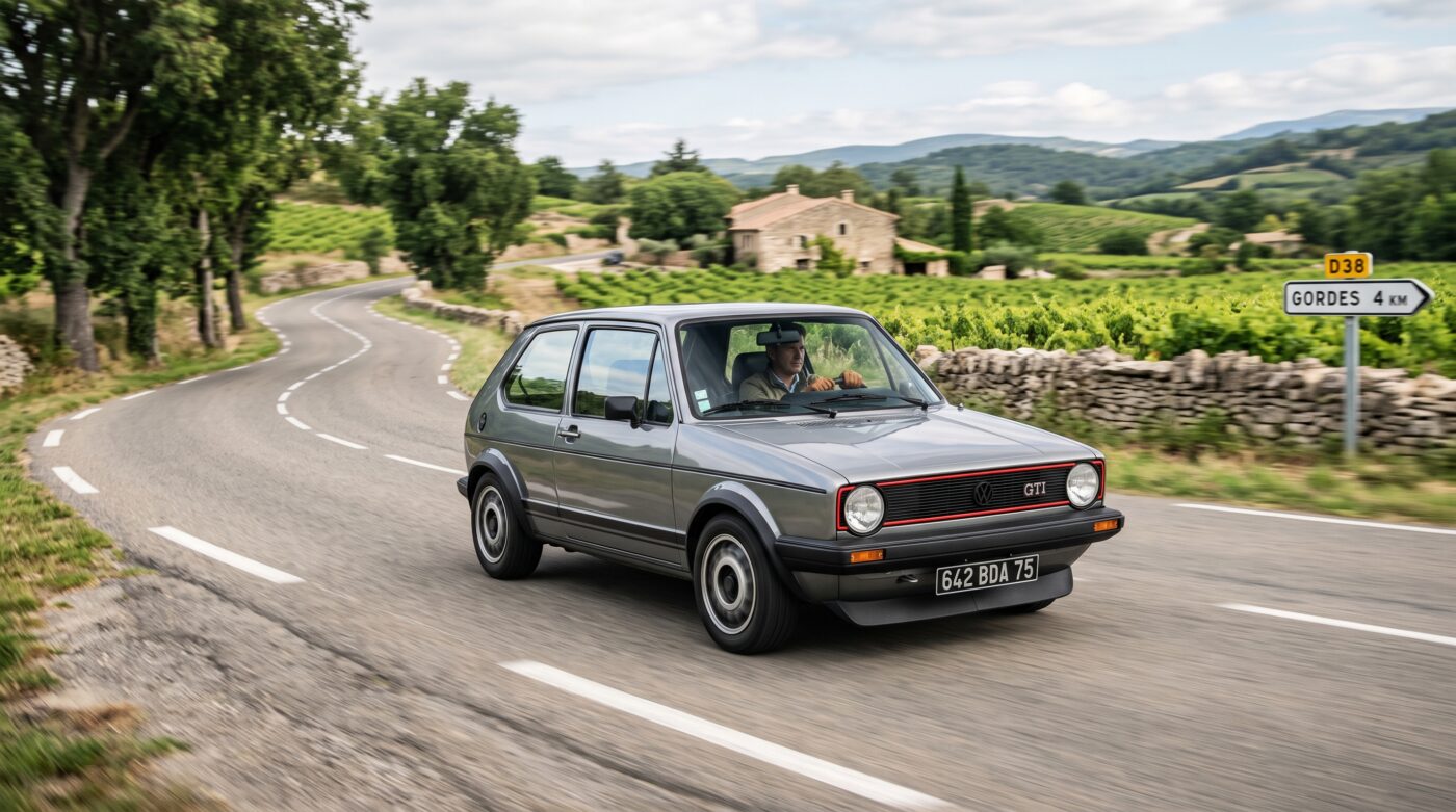 Volkswagen Golf GTI Mk1 : essai routier Volkswagen Golf GTI Mk1 grise en situation d'essai routier sur une route de campagne pittoresque.