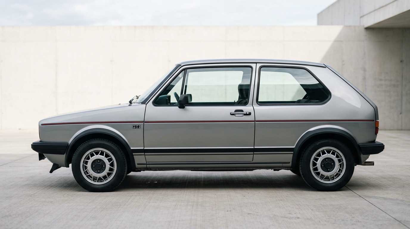 Volkswagen Golf GTI Mk1 : vue de profil Profil latéral de la Volkswagen Golf GTI Mk1 grise montrant ses lignes angulaires caractéristiques.