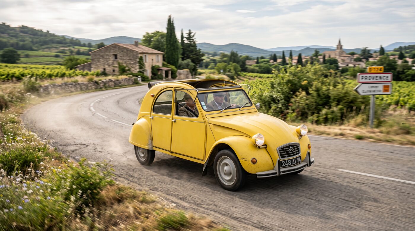 Essai routier d'une Citroën 2CV jaune de 1948 sur une route de campagne, capturée en mouvement pour un guide d'achat automobile.