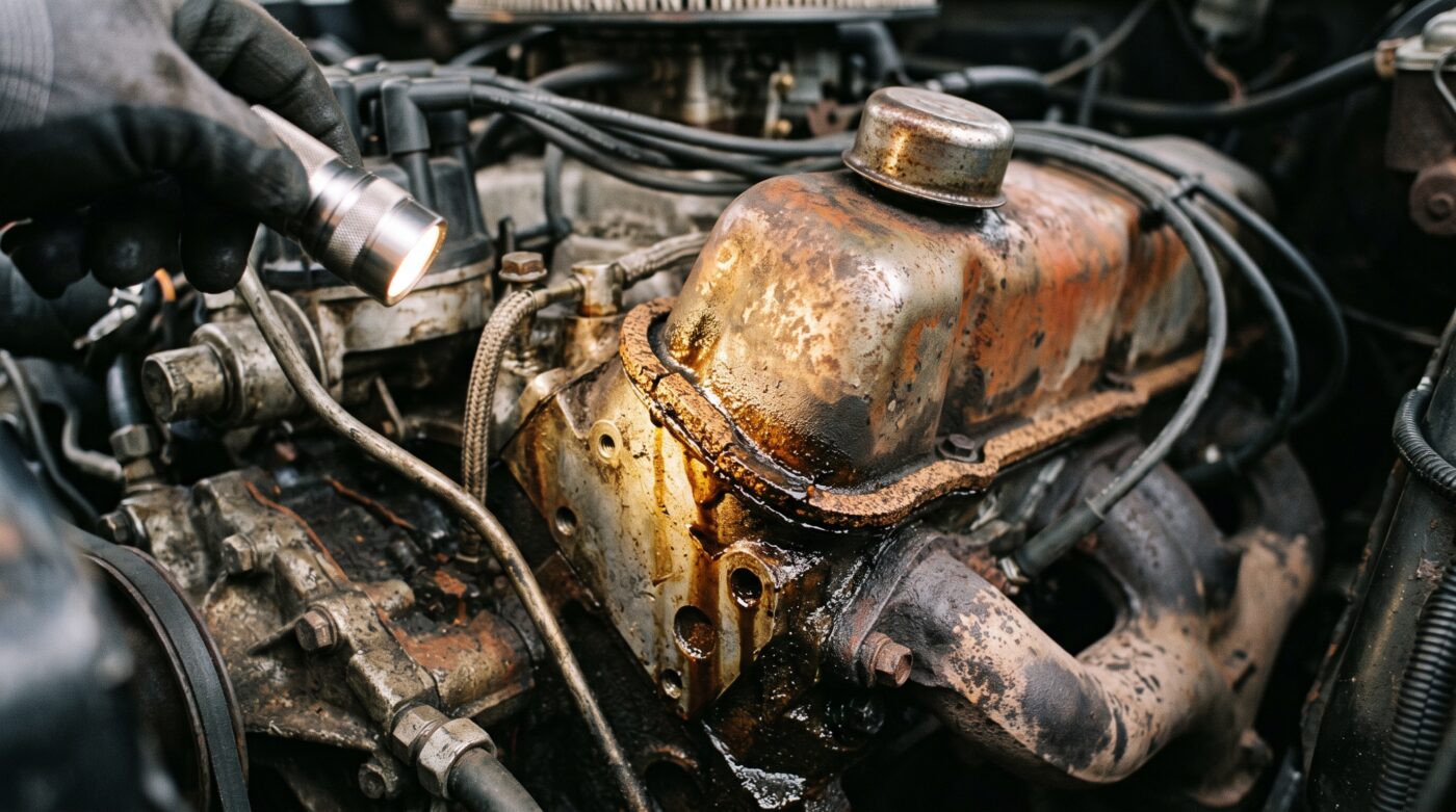 Inspection des défauts mécaniques Inspection minutieuse d'un moteur de voiture ancienne révélant une fuite d'huile pour justifier une baisse de prix.