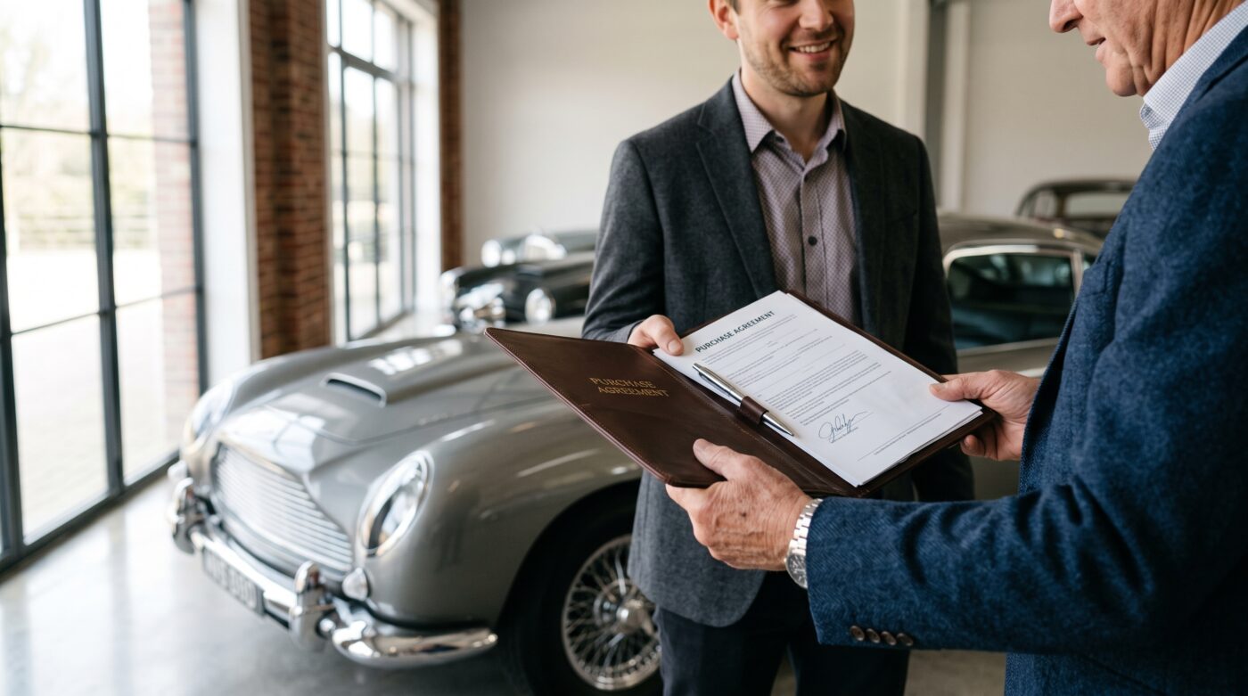 Signature du bon de réservation Un acheteur et un vendeur signant un contrat de réservation pour une voiture de collection dans un garage lumineux.
