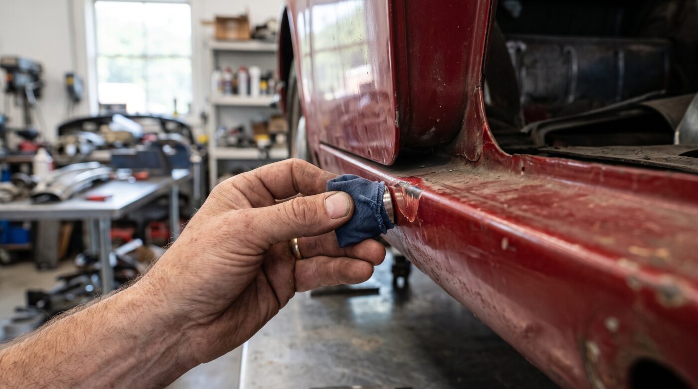 Inspection technique avant achat Inspection approfondie de la carrosserie d'une voiture ancienne avec un aimant pour détecter la présence de mastic.
