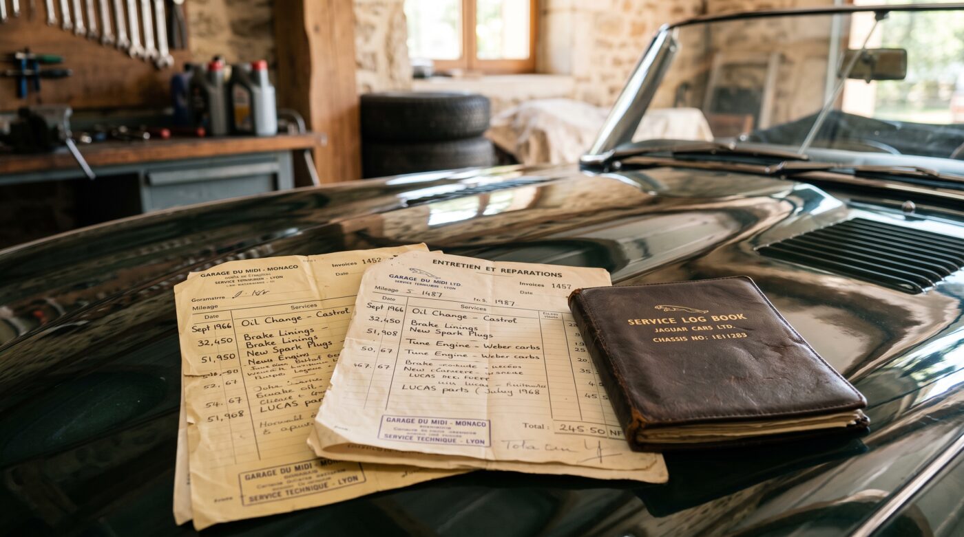 Un classeur rempli de factures d'entretien et un carnet de suivi posés sur le capot d'une voiture de collection restaurée.