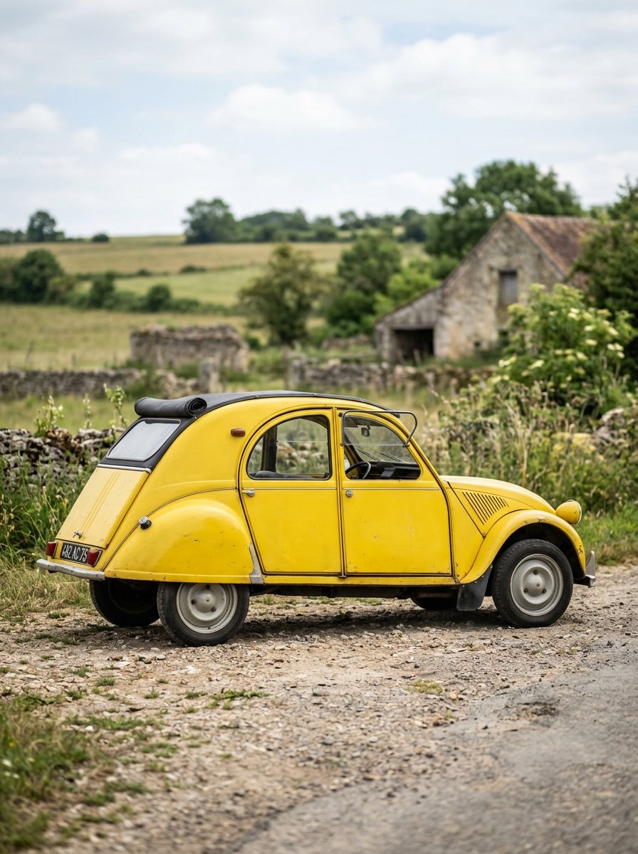 Vue latérale d'une Citroën 2CV jaune classique, soulignant les proportions d'origine et la ligne intemporelle du modèle.