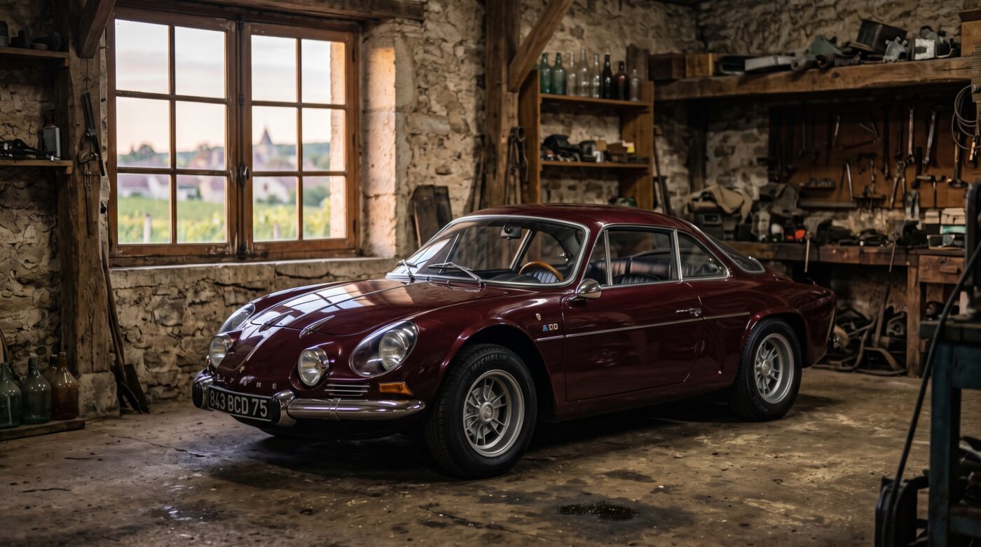 Voiture de collection sans historique visible dans un garage, soulevant des questions sur la traçabilité et le passé du véhicule.