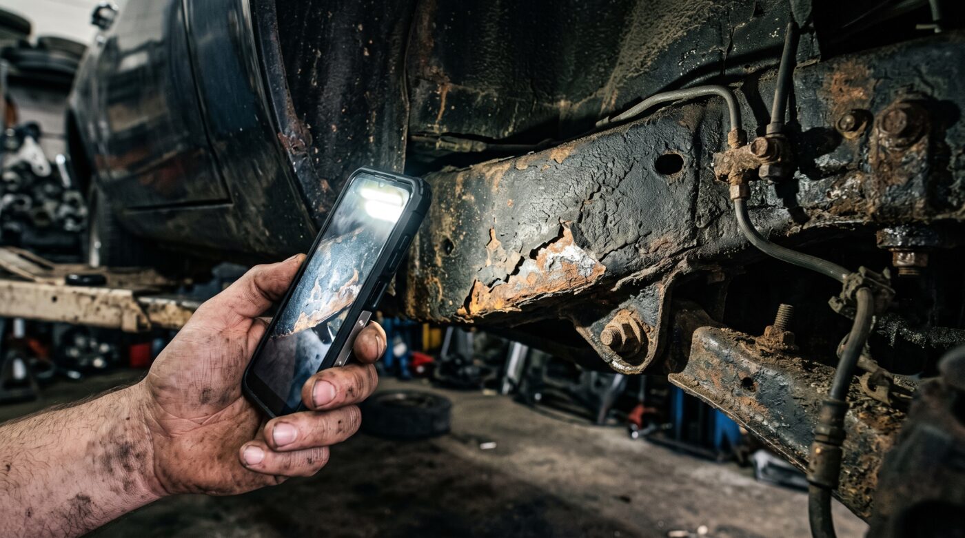 Inspection minutieuse des soubassements d'une voiture de collection avec un smartphone pour détecter la corrosion cachée.
