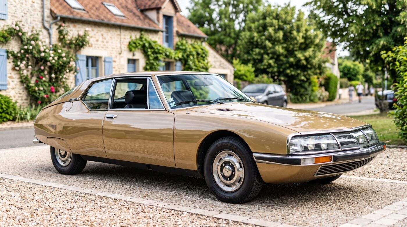 Achat d'une voiture ancienne à un particulier : inspection visuelle de la carrosserie en extérieur sous une lumière naturelle.